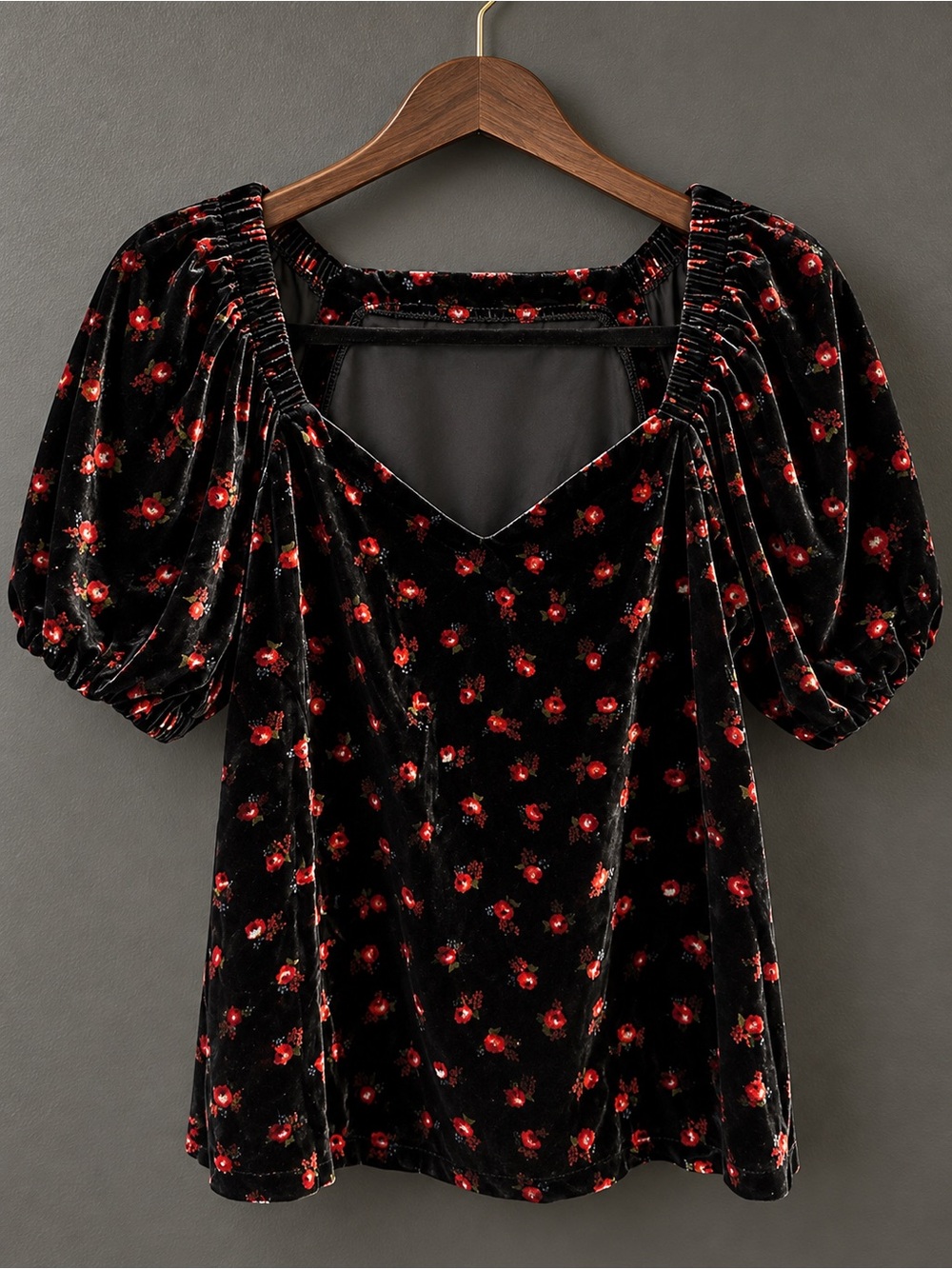 LOFT Black Velvet Floral Puff Sleeve Top XS Romantic Whimsigoth Dark Academia
